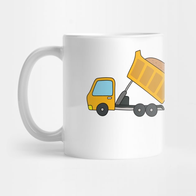 kids drawing of construction vehicles, dump truck unloading gravels and excavator dredging them by wordspotrayal